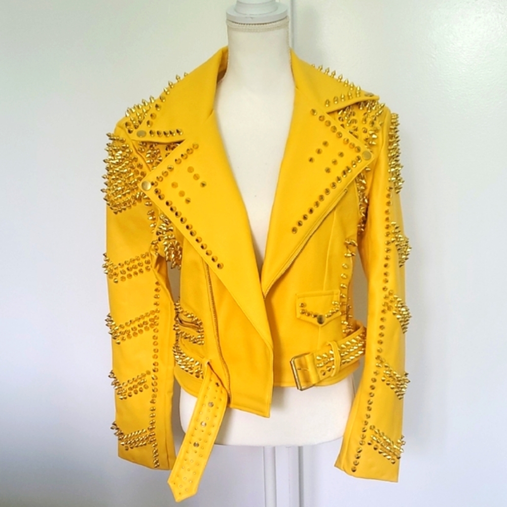 Azalea Wang Bold Yellow Studded Leather Jacket